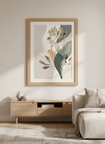 Modern wall art styled above a sofa in a neutral living room