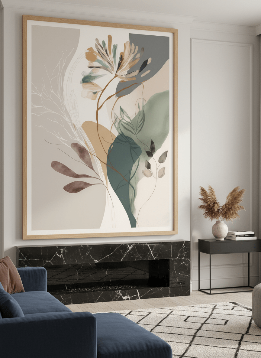 Monumental artwork centred on a feature wall in a luxe interior