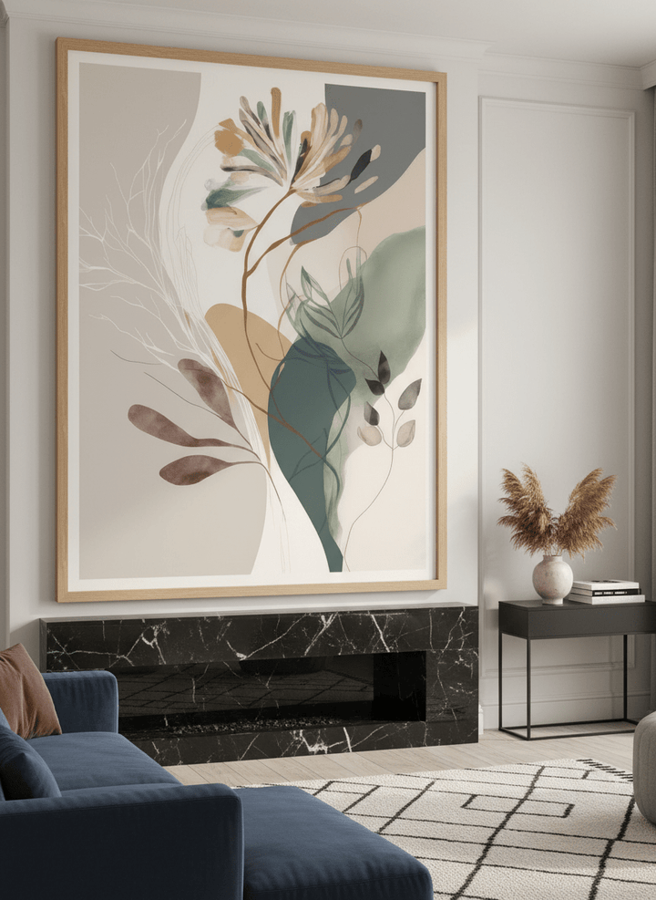 Monumental artwork centred on a feature wall in a luxe interior