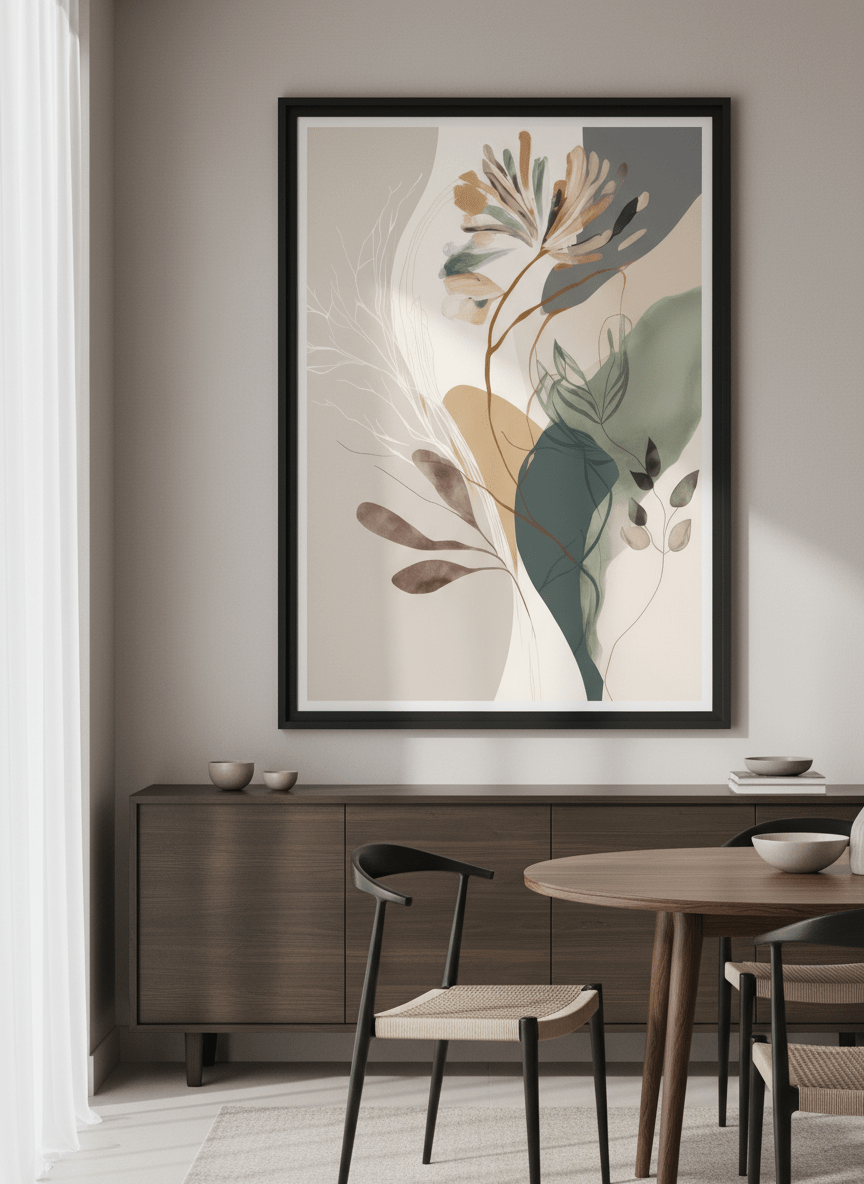 Wall art styled above a dining table in a contemporary home