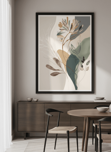 Wall art styled above a dining table in a contemporary home