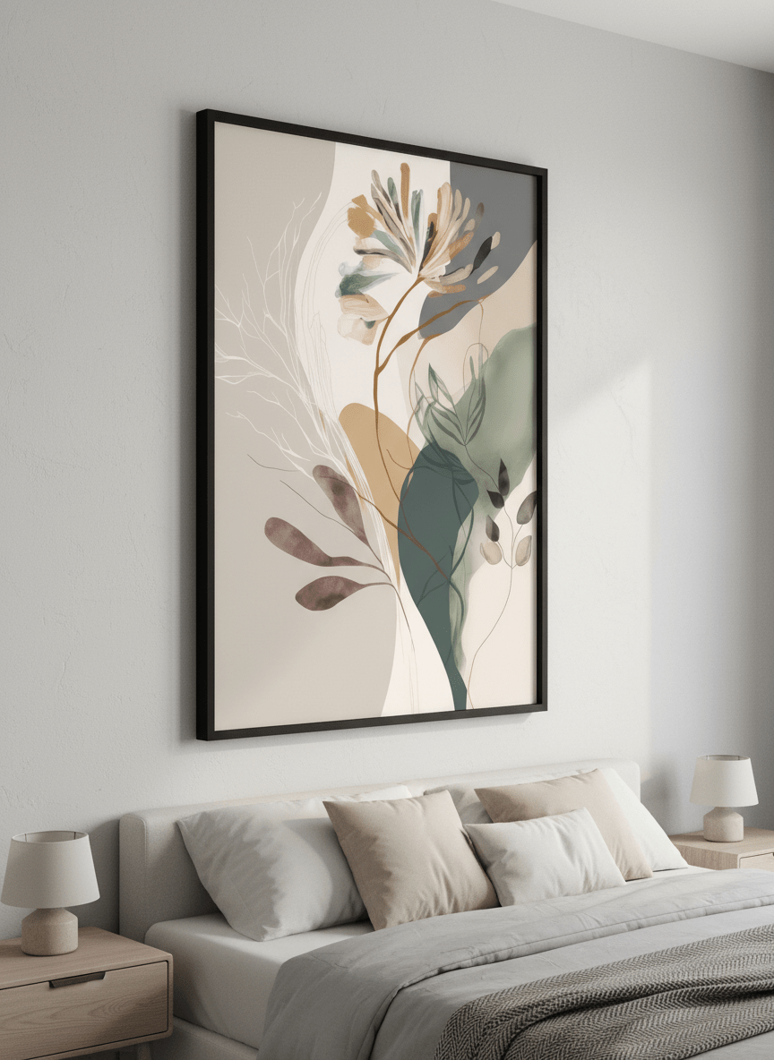 Minimalist artwork displayed in a calm, light-filled bedroom interior