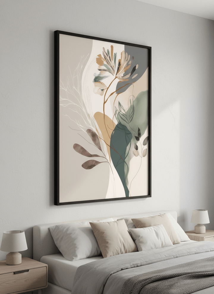 Minimalist artwork displayed in a calm, light-filled bedroom interior