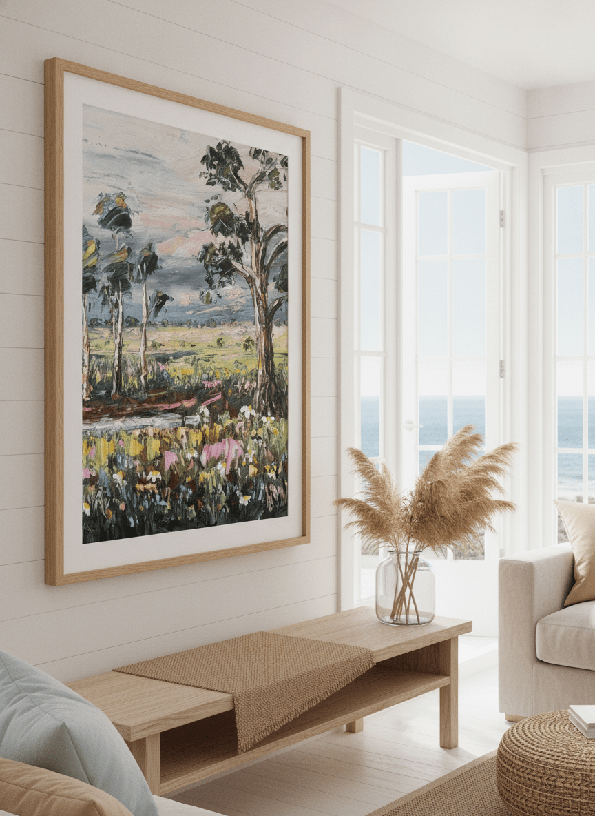 Neutral wall art displayed in a sunny coastal beach house