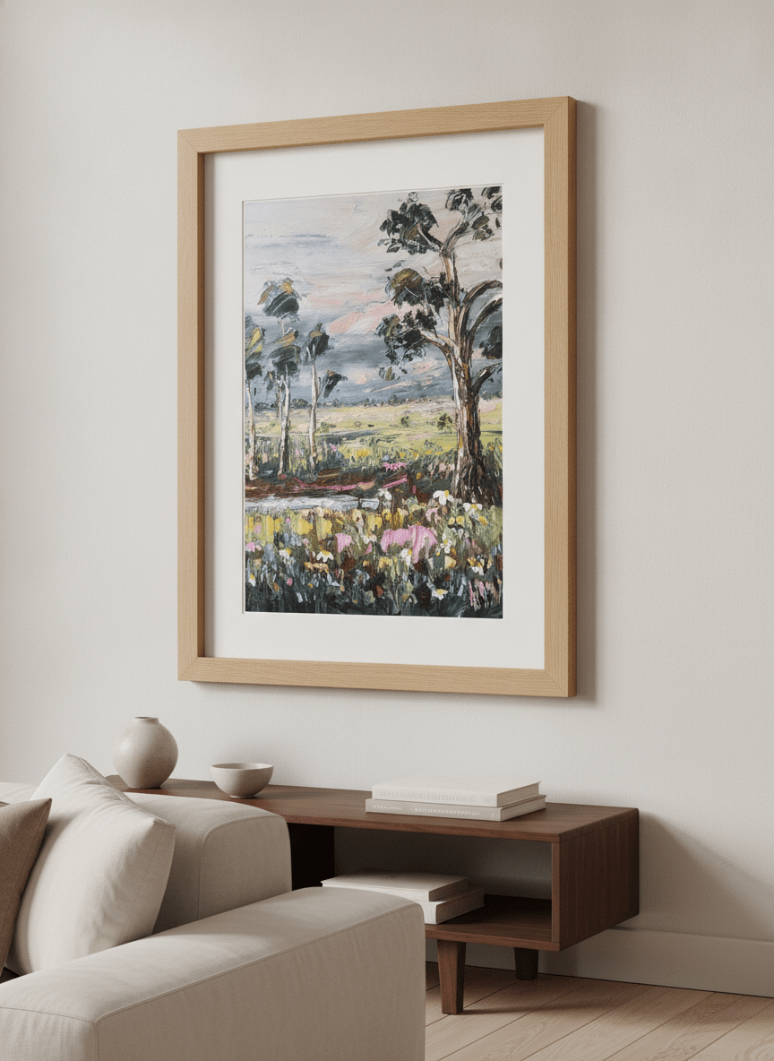 Modern wall art styled above a sofa in a neutral living room