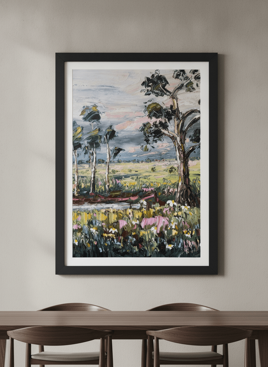 Wall art styled above a dining table in a contemporary home