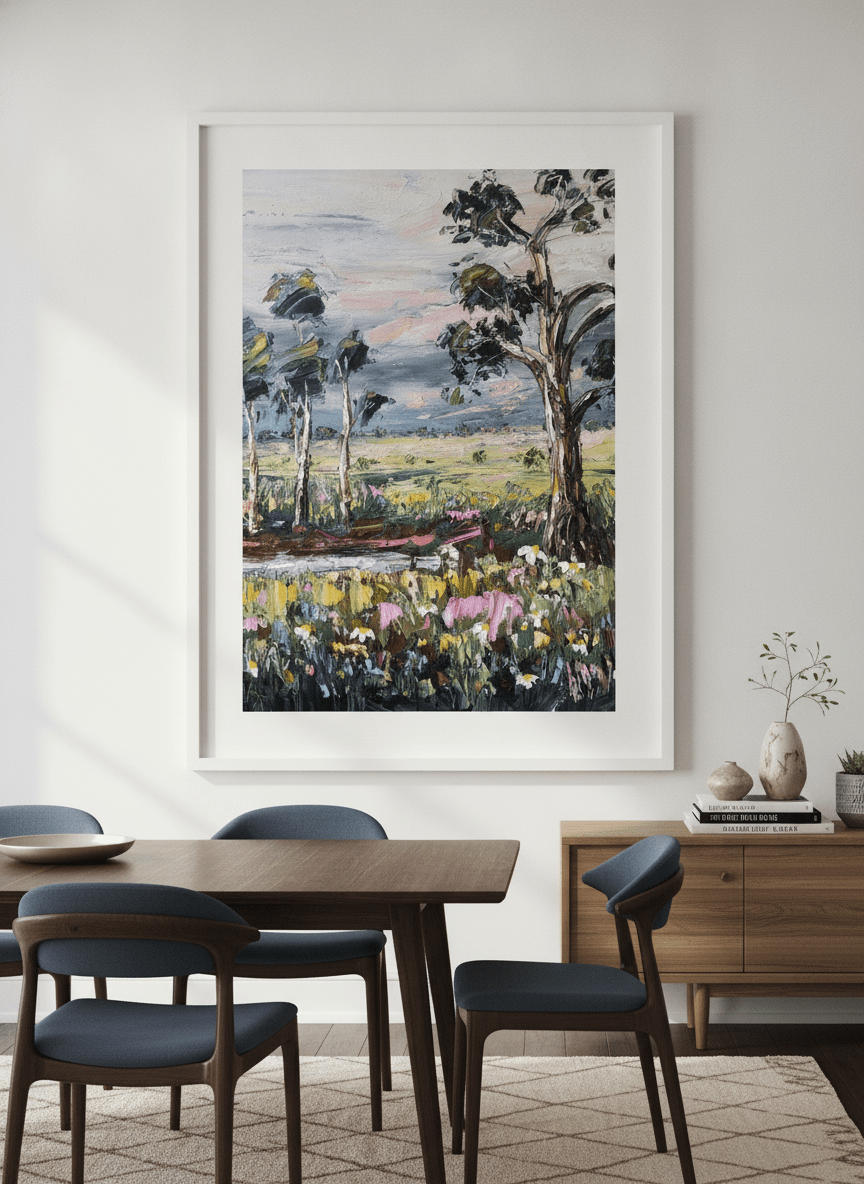 Monumental artwork centred on a feature wall in a luxe interior