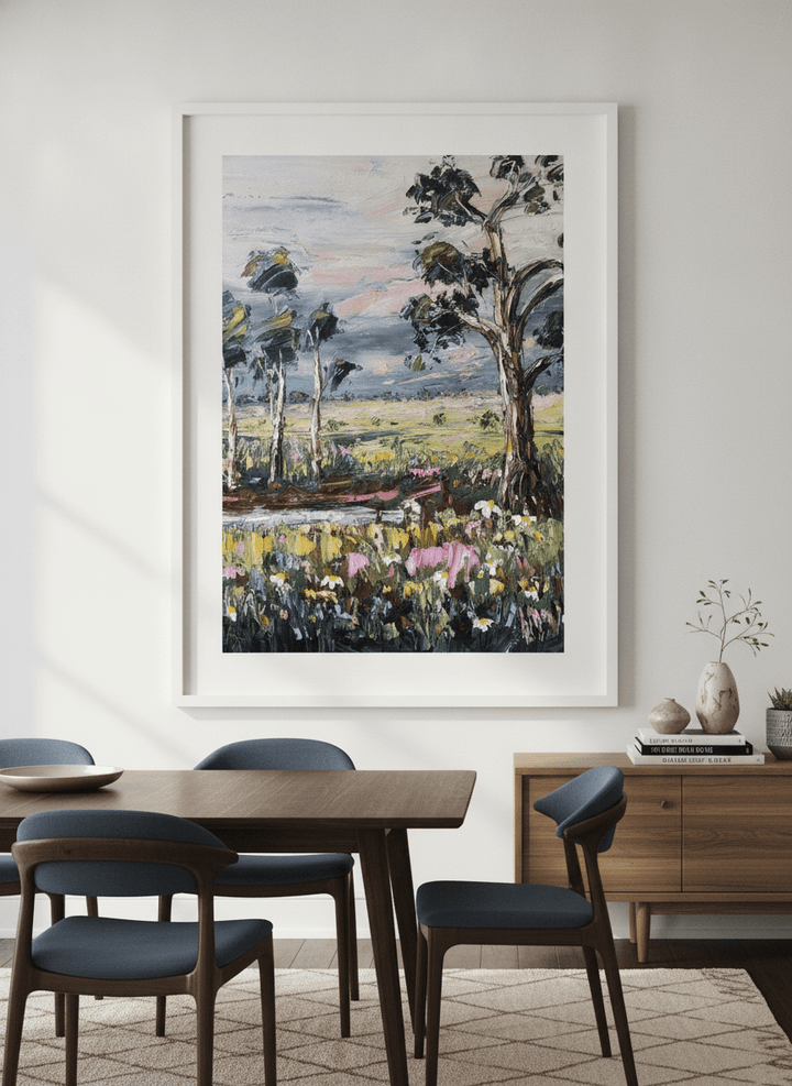 Monumental artwork centred on a feature wall in a luxe interior