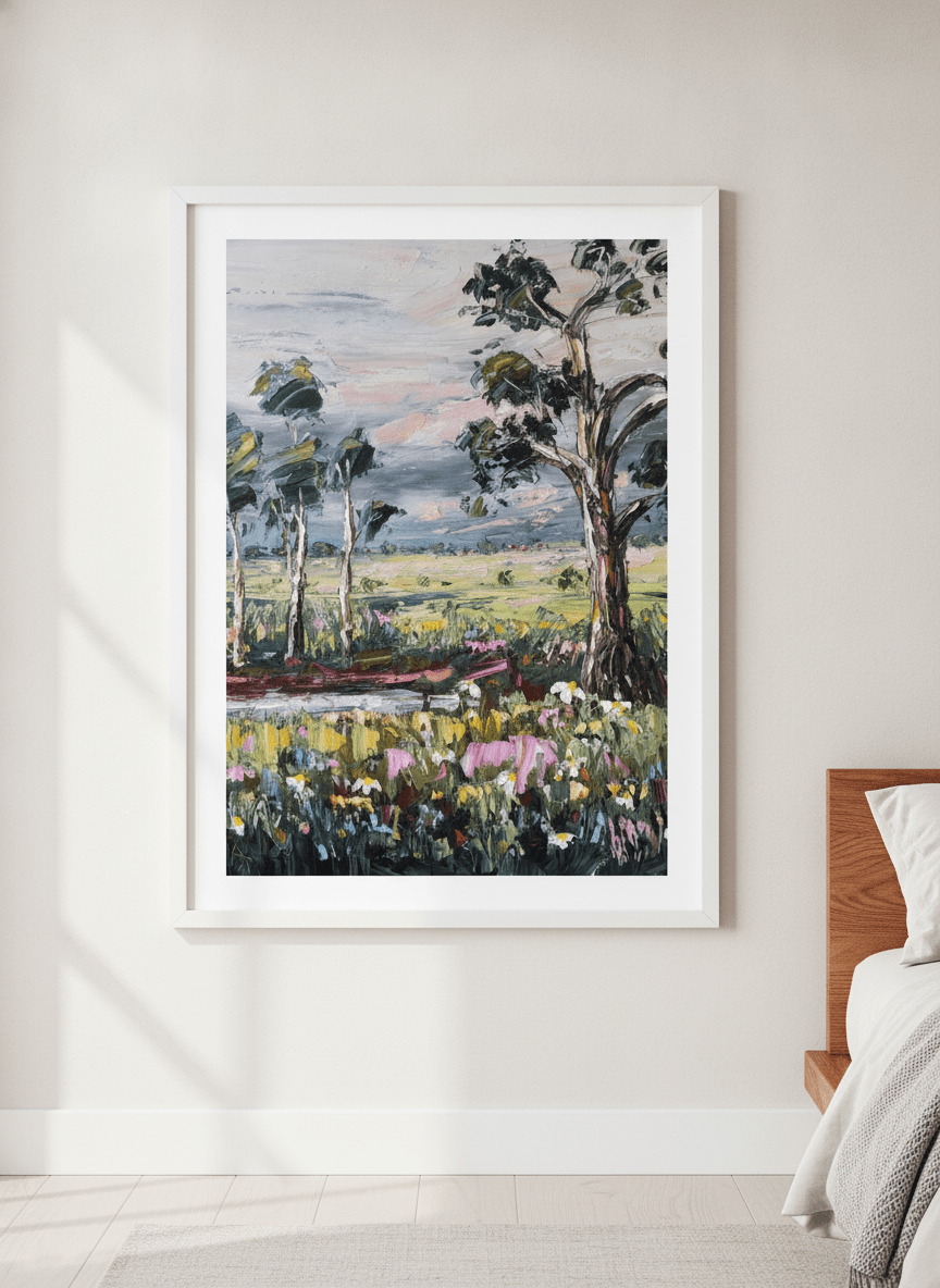 Minimalist artwork displayed in a calm, light-filled bedroom interior