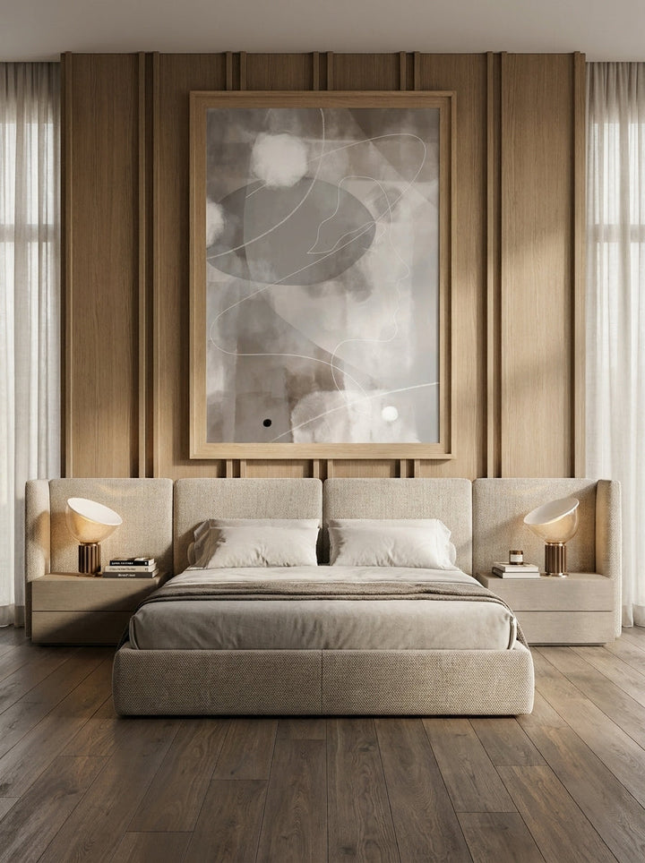 Oversized statement modern wall art print styled on the wall in a luxe bedroom