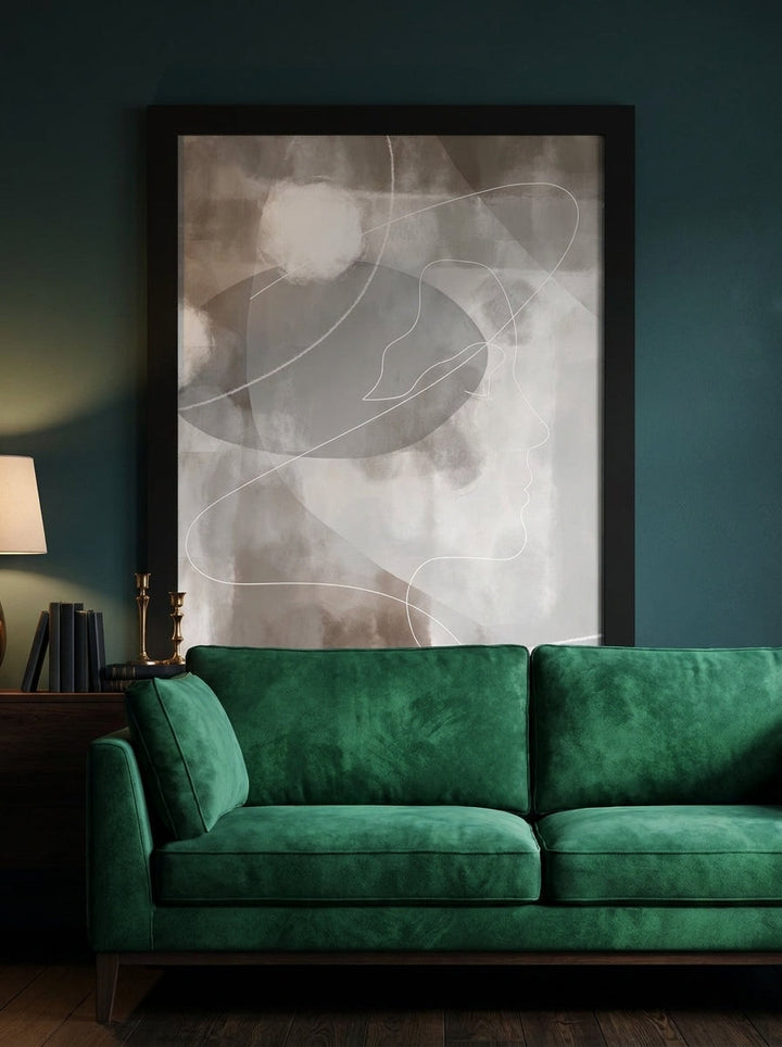 Modern wall art print styled on the wall in a moody living room