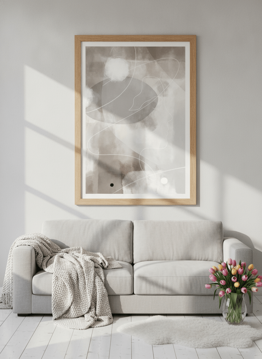 Modern wall art print styled on the wall in a bright Scandinavian living room