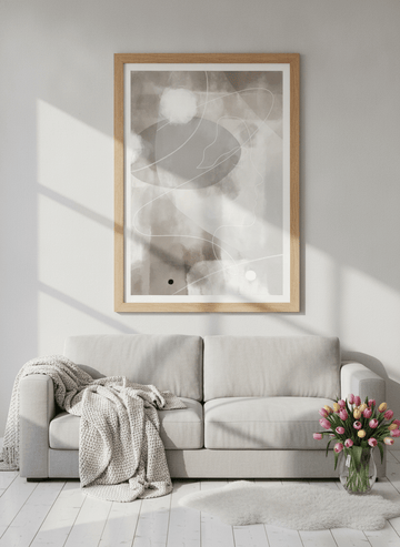 Modern wall art print styled on the wall in a bright Scandinavian living room