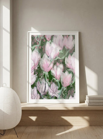 Modern wall art print standing on a shelf in a warm Japandi bathroom
