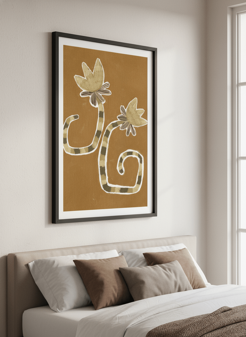 Minimalist artwork displayed in a calm, light-filled bedroom interior