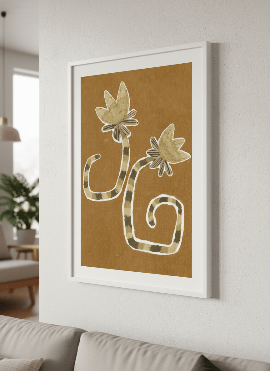Modern wall art styled above a sofa in a neutral living room