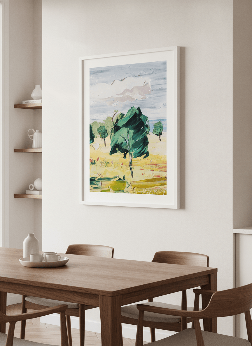 Wall art styled above a dining table in a contemporary home