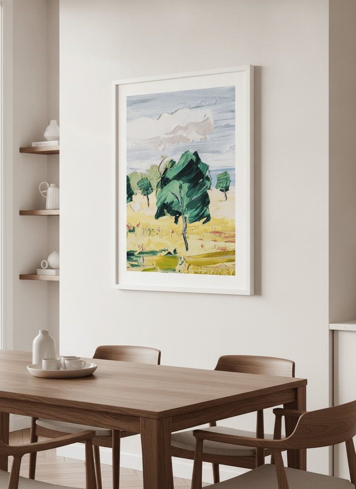 Wall art styled above a dining table in a contemporary home