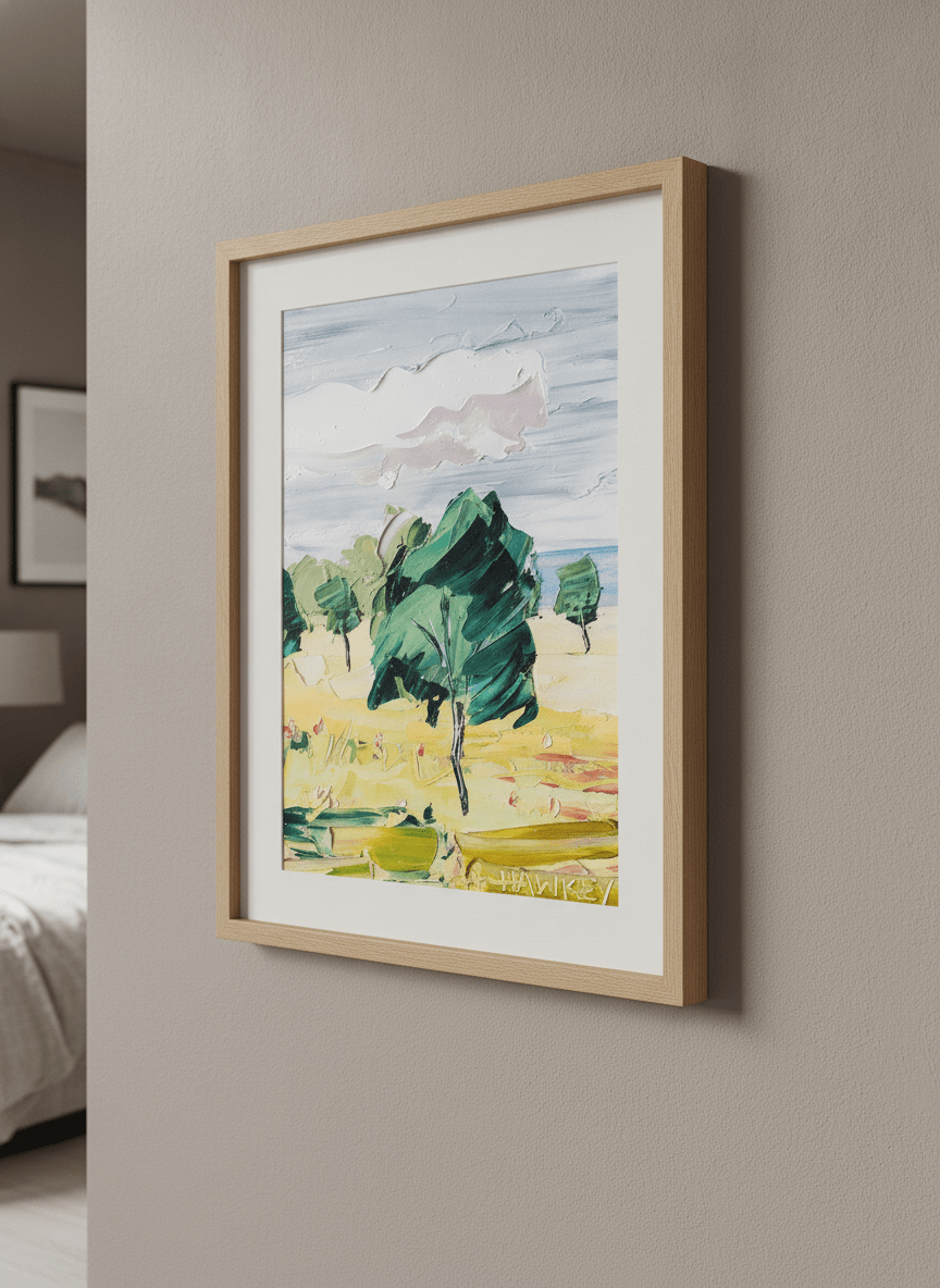 Minimalist artwork displayed in a calm, light-filled bedroom interior