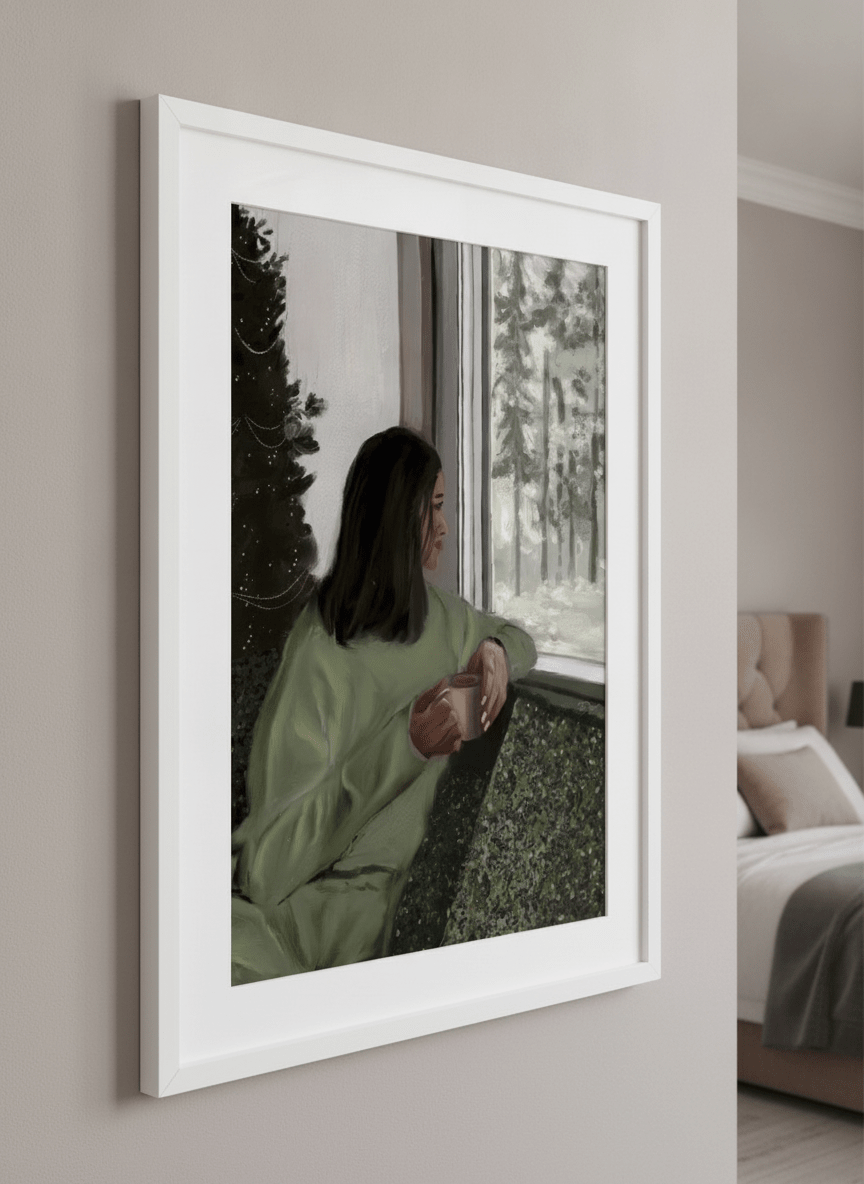 Minimalist artwork displayed in a calm, light-filled bedroom interior
