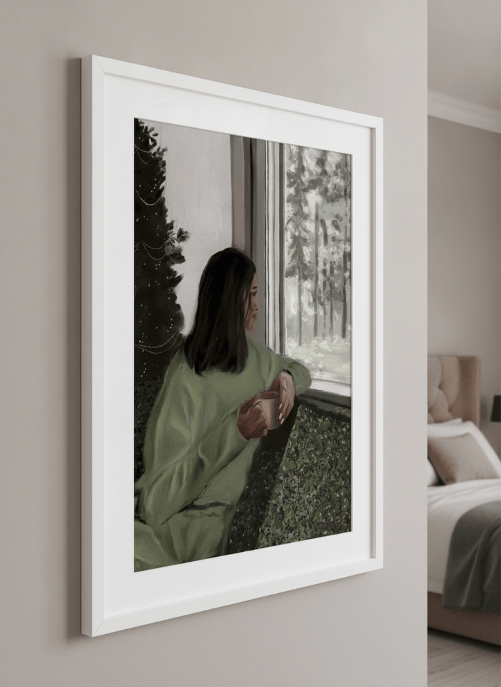 Minimalist artwork displayed in a calm, light-filled bedroom interior