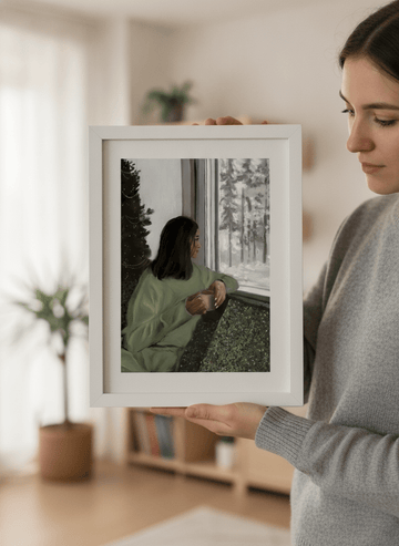 Person showcasing the artwork against a clean modern interior wall