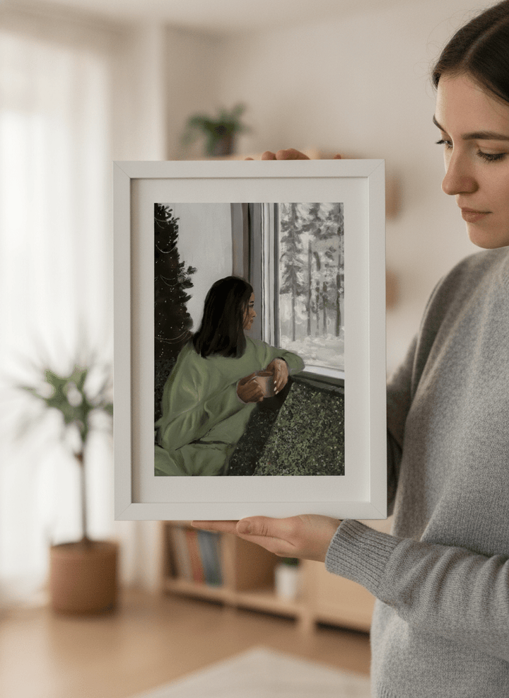 Person showcasing the artwork against a clean modern interior wall