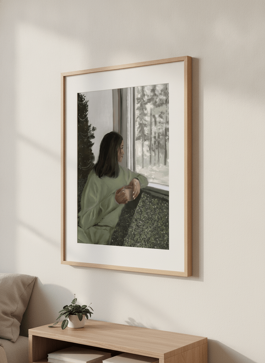 Minimalist artwork displayed in a calm, light-filled bedroom interior