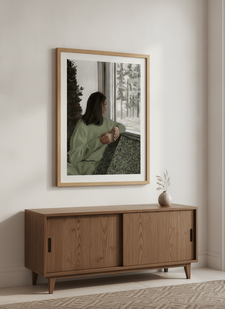 Artwork displayed above a credenza in a real-looking contemporary home