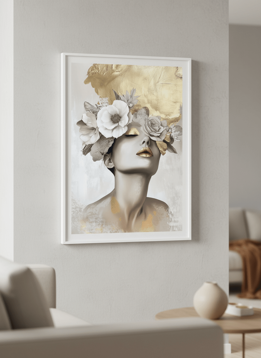 Modern wall art styled above a sofa in a neutral living room