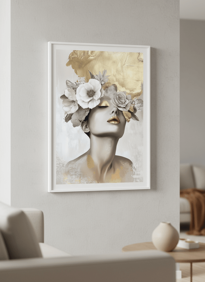 Modern wall art styled above a sofa in a neutral living room