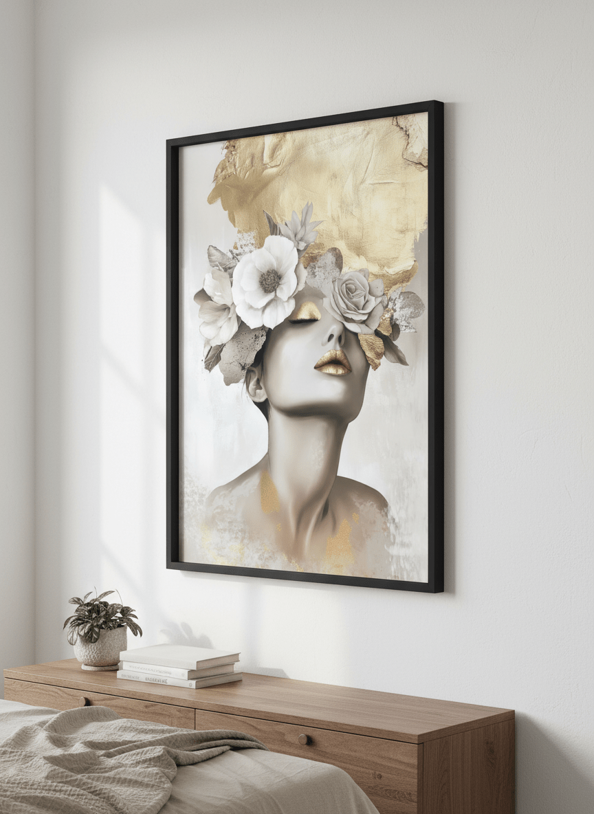 Minimalist artwork displayed in a calm, light-filled bedroom interior