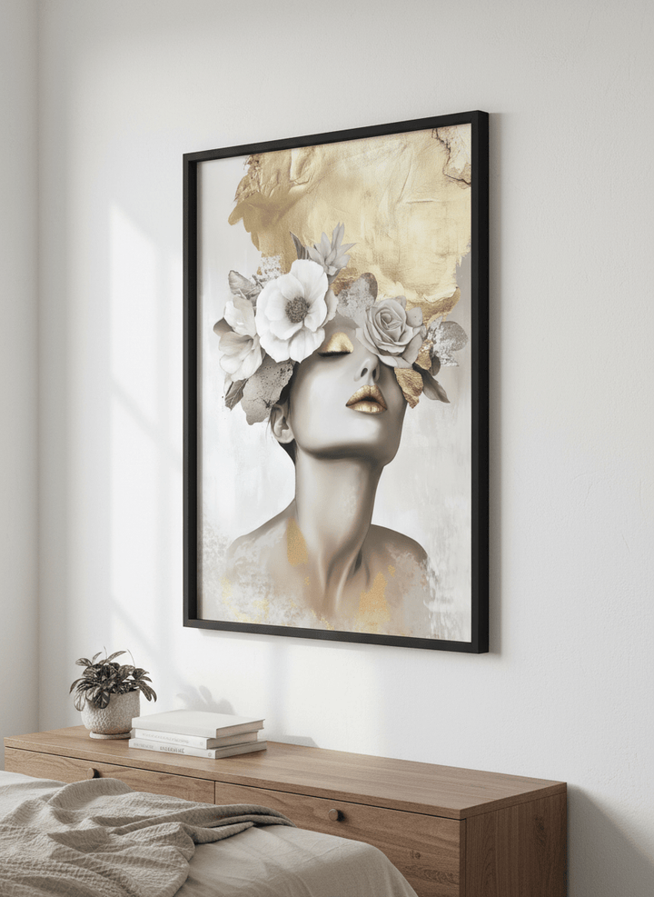 Minimalist artwork displayed in a calm, light-filled bedroom interior