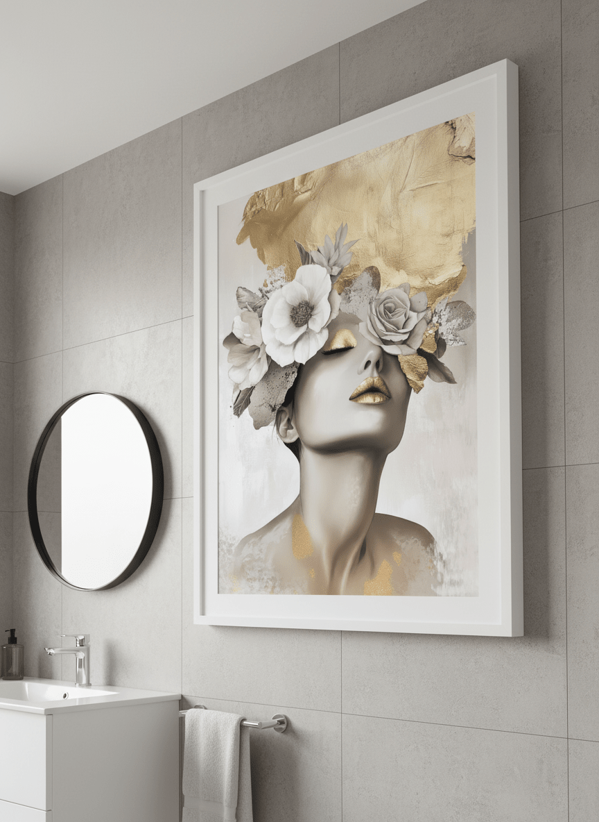 Modern print displayed in a clean minimalist bathroom setting