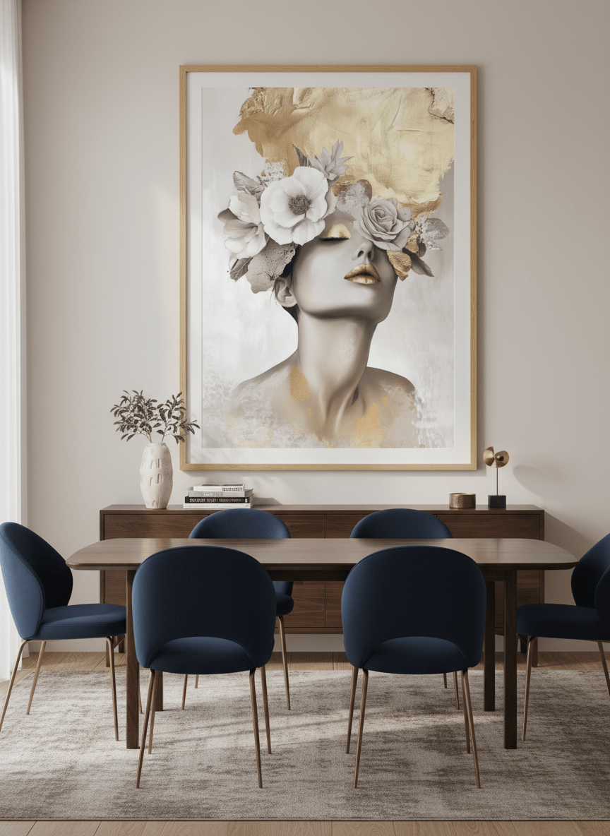 Monumental artwork centred on a feature wall in a luxe interior