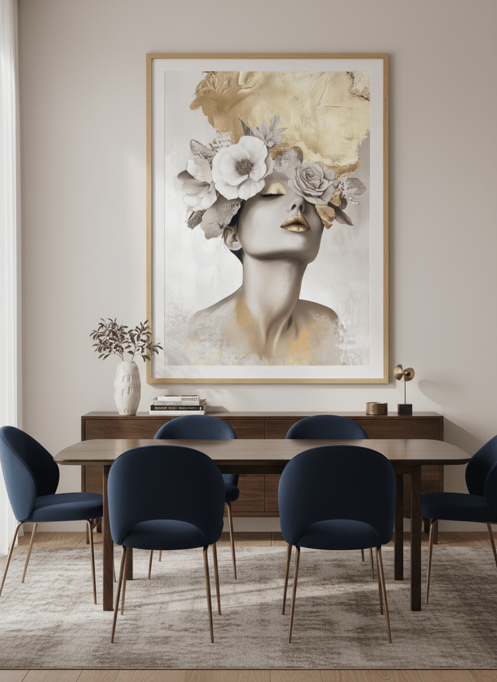 Monumental artwork centred on a feature wall in a luxe interior