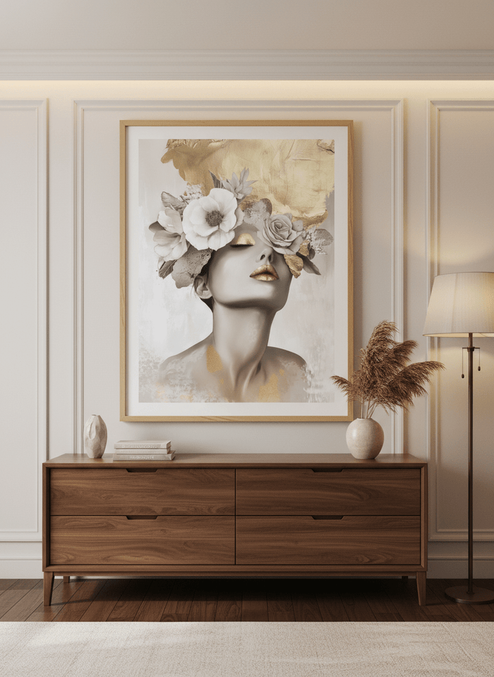 Monumental artwork centred on a feature wall in a luxe interior
