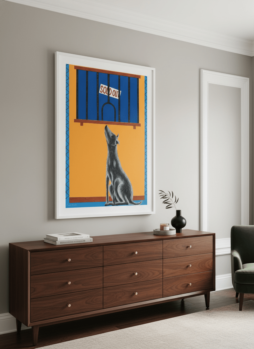 Monumental artwork centred on a feature wall in a luxe interior