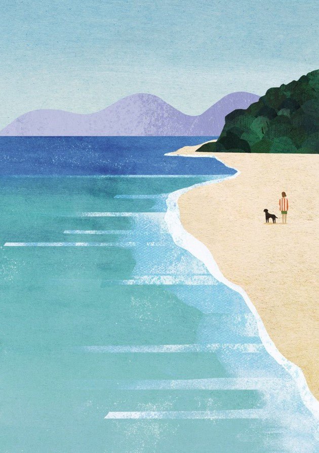 Illustration of a person and dog on a beach with mountains in the background, framed
