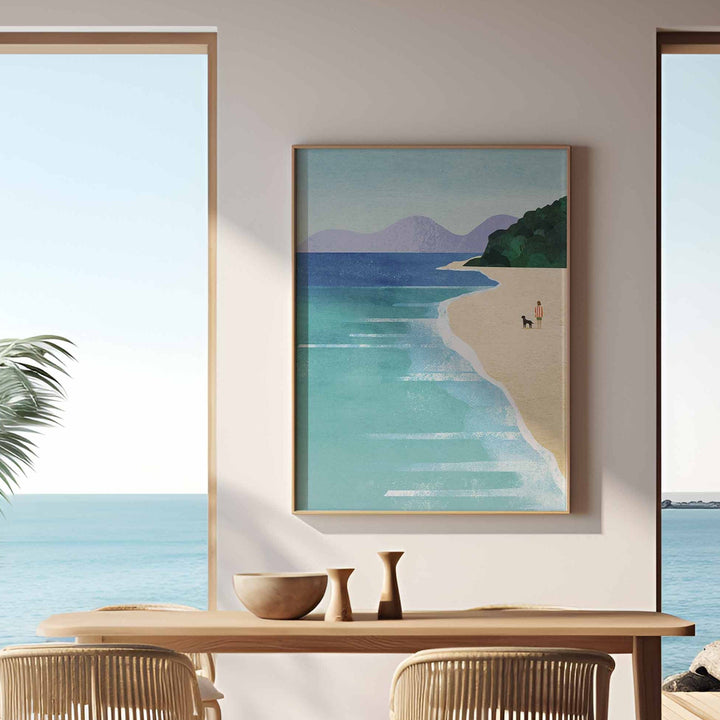 Modern dining room with ocean view, wooden table, and chairs.