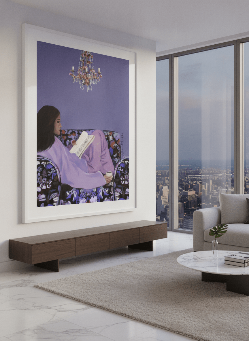 Monumental artwork centred on a feature wall in a luxe interior