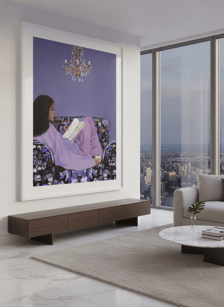 Monumental artwork centred on a feature wall in a luxe interior