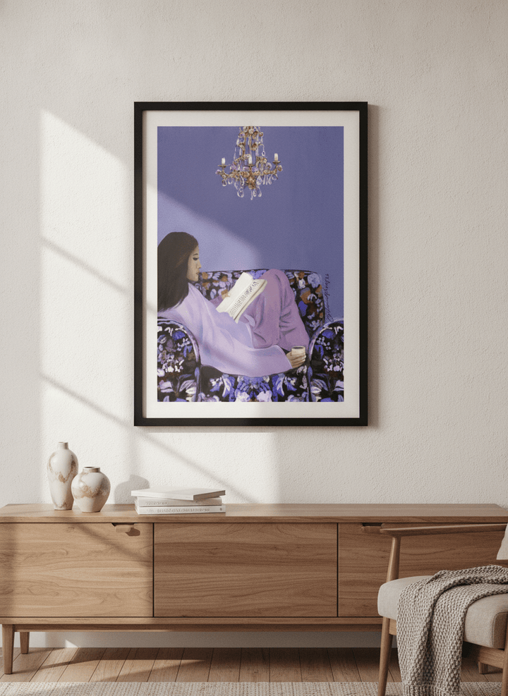 Artwork displayed above a credenza in a real-looking contemporary home
