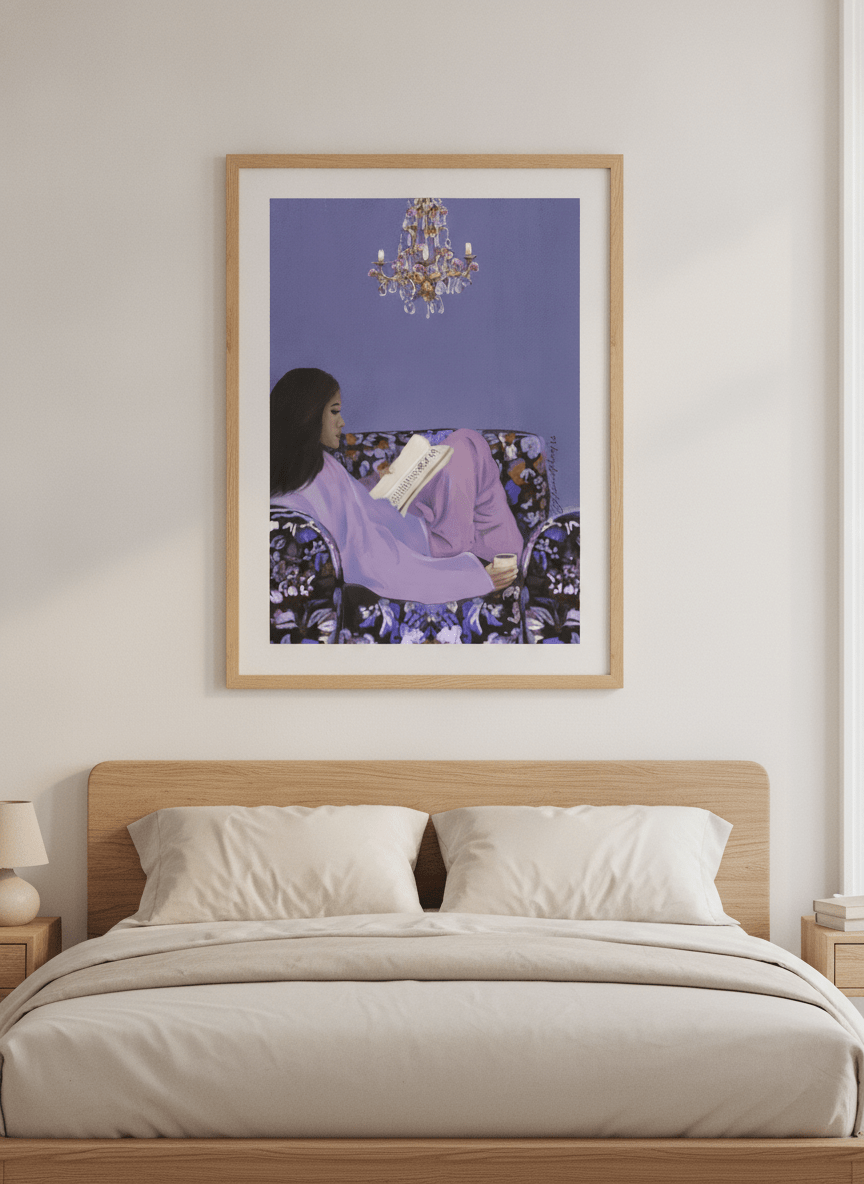Minimalist artwork displayed in a calm, light-filled bedroom interior