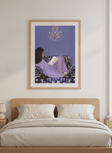 Minimalist artwork displayed in a calm, light-filled bedroom interior
