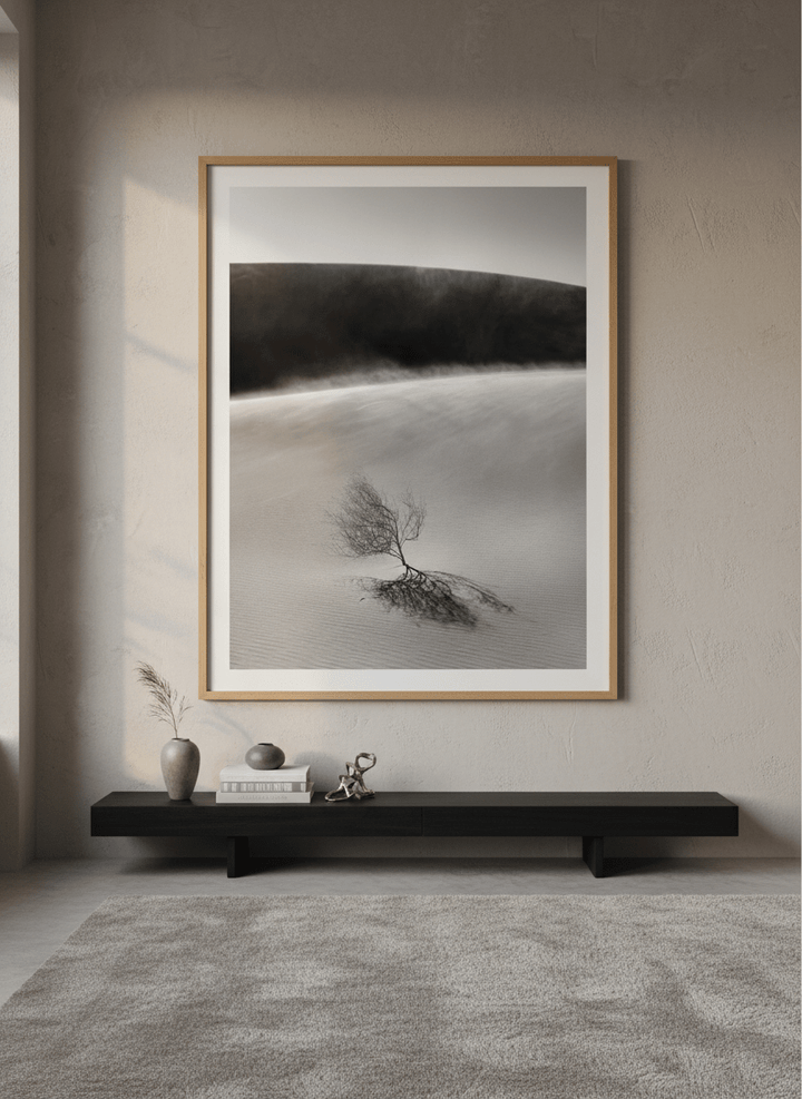 Monumental artwork centred on a feature wall in a luxe interior