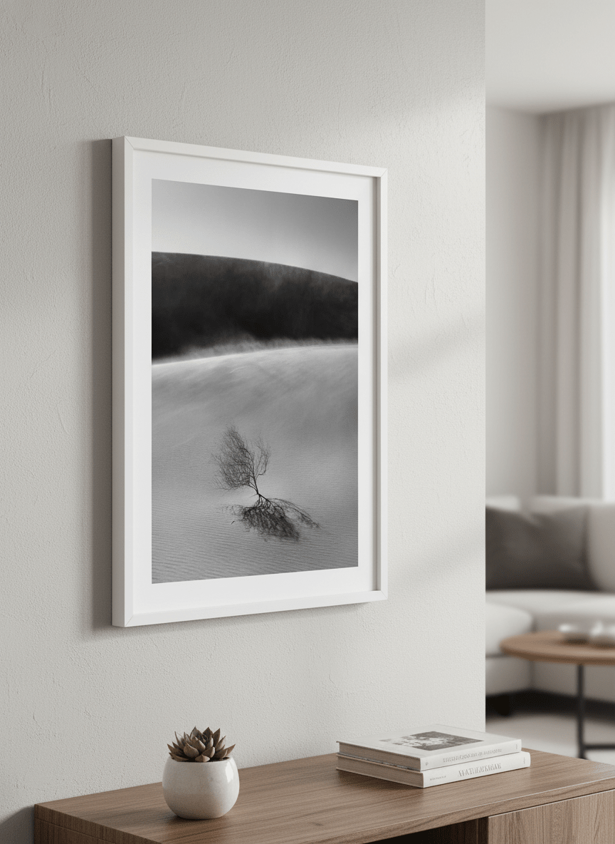 Modern wall art styled above a sofa in a neutral living room
