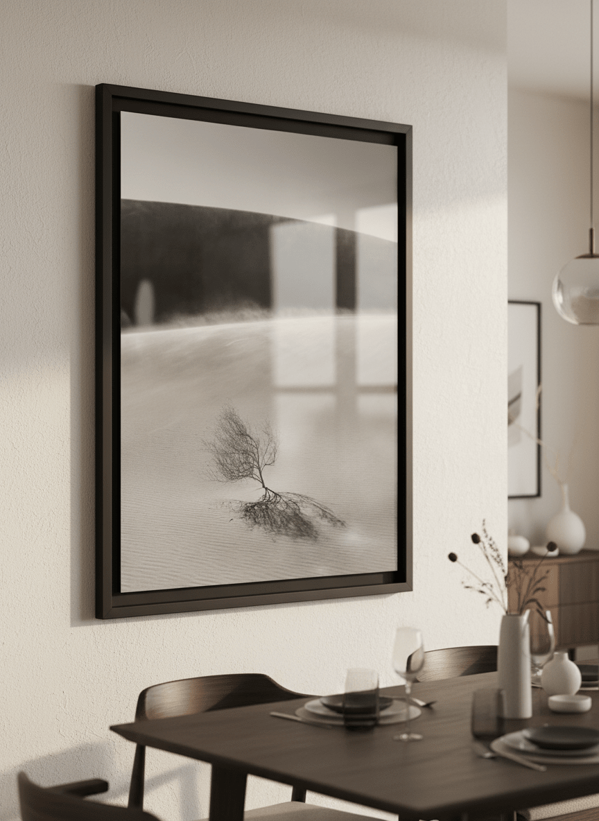 Wall art styled above a dining table in a contemporary home