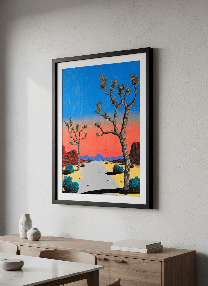 Wall art styled above a dining table in a contemporary home