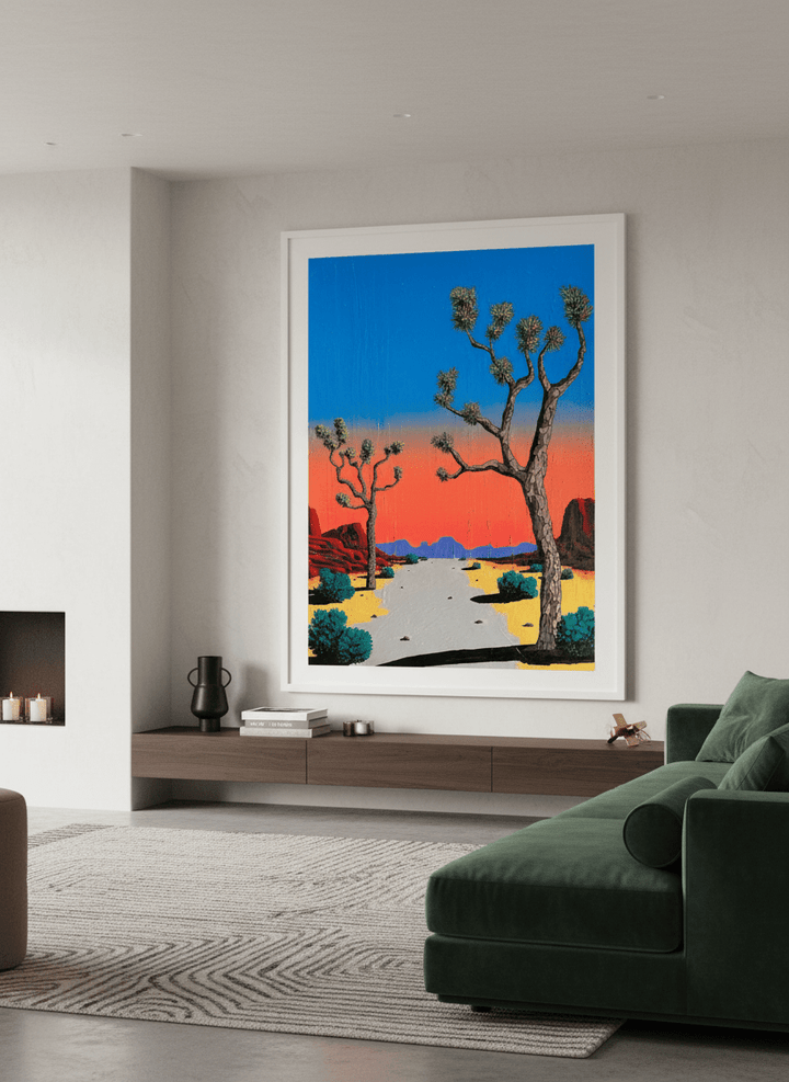 Monumental artwork centred on a feature wall in a luxe interior